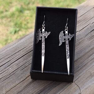 Grunge Silver Halberd Axe Dangle Earrings